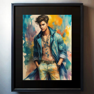 Watercolor Sexy Man Shirt Open Jacket Artistic Poster