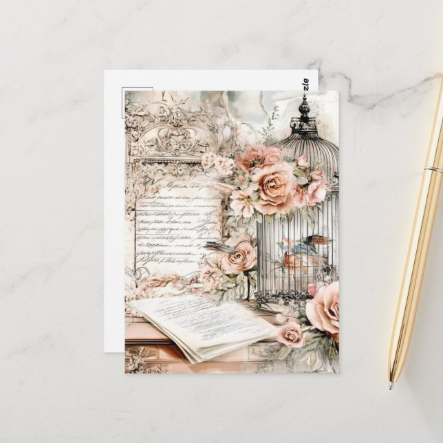 Watercolor Shabby Chic Bird Cage Postcard (Front/Back In Situ)