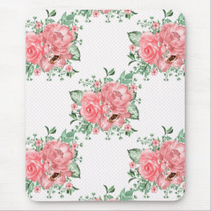 Watercolor Shabby Chic Pink Roses and Polka Dots Mouse Pad