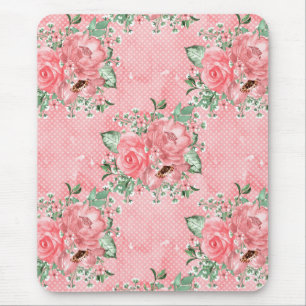 Watercolor Shabby Chic Pink Roses and Polka Dots Mouse Pad