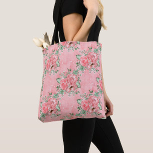 Watercolor Shabby Chic Pink Roses and Polka Dots Tote Bag