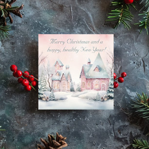 Watercolor Shabby Pink Snowy Village Holiday Card
