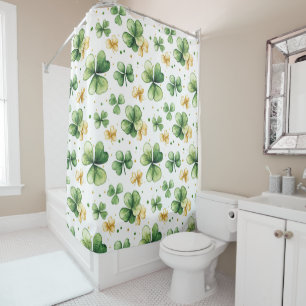 Watercolor Shamrock Pattern • Green & Gold Shower Curtain