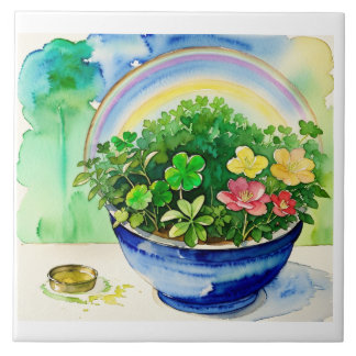 Watercolor Shamrock & Rainbow Tile - Irish