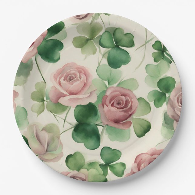 Watercolor Shamrock Rose Paper Plate (Front)