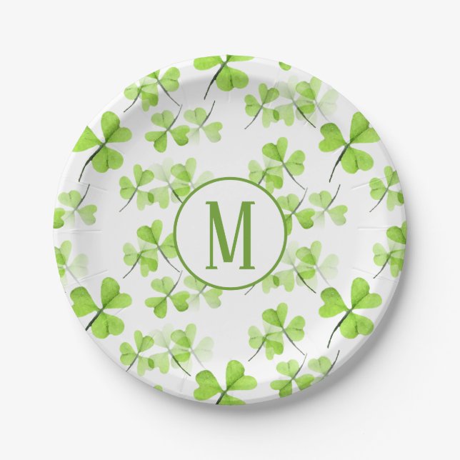 Watercolor Shamrocks Pattern Monogram SPD Party Paper Plate (Front)