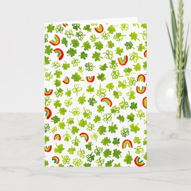 Watercolor Shamrocks & Rainbows Irish St Patty's Card (Front)