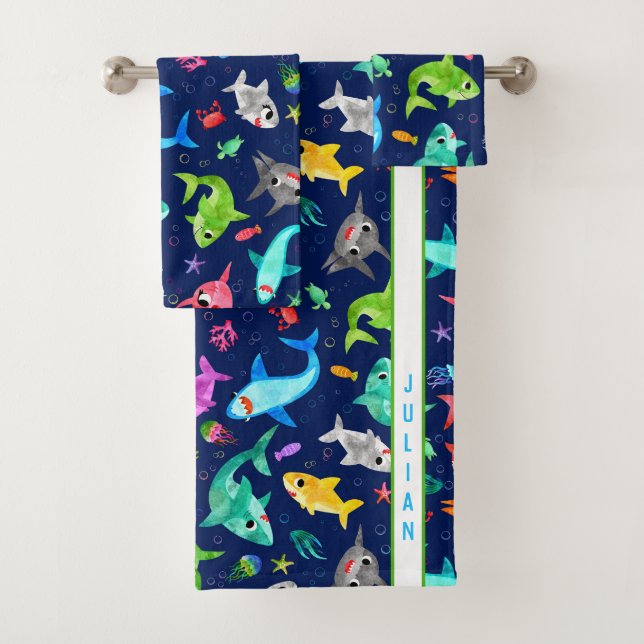 Watercolor Shark Family Adorable Personalised Bath Towel Set (Insitu)