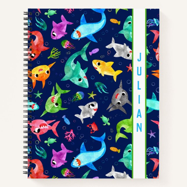 Watercolor Shark Family Adorable Personalised Notebook (Front)