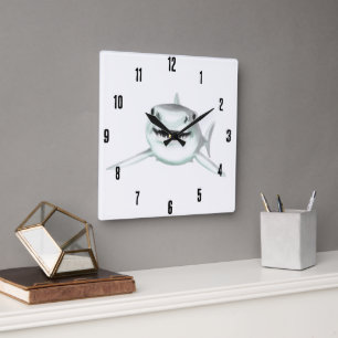 watercolor shark smiling grey green ocean animal square wall clock