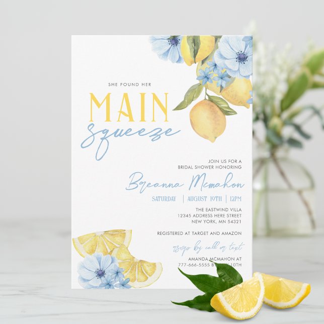 Watercolor She Found Her Main Squeeze Lemon Bridal Invitation (Trendy Watercolor She Found Her Main Squeeze Lemon Bridal Invitations with Adorable Blue Flowers)