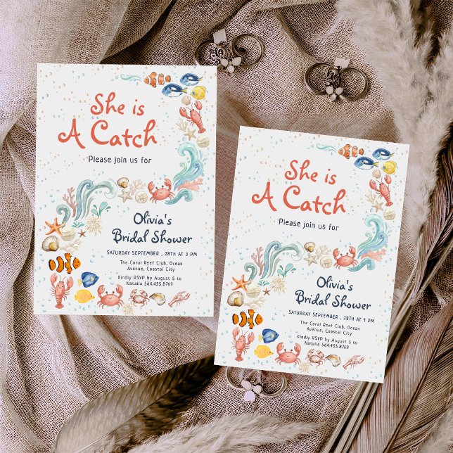 Watercolor She is Catch Ocean Theme Bridal Shower Invitation (Creator Uploaded)