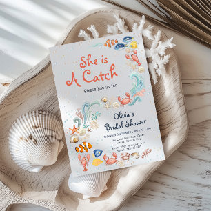 Watercolor She is Catch Ocean Theme Bridal Shower Invitation