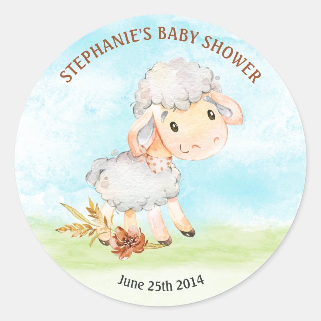 Watercolor Sheep Baby Shower Farm Classic Round Sticker (Front)