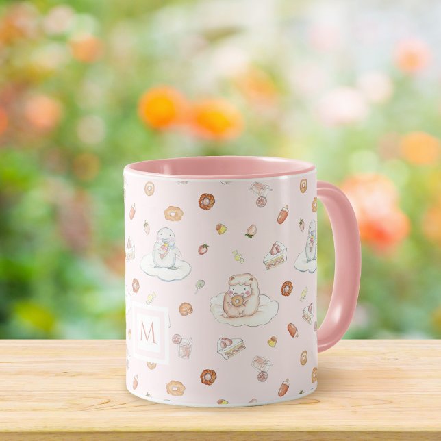 Watercolor Sheep Penguin Desserts Pink Monogram  Mug (Creator Uploaded)