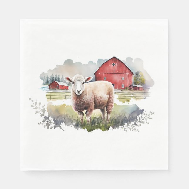 Watercolor Sheep With Red Barn Napkin (Front)