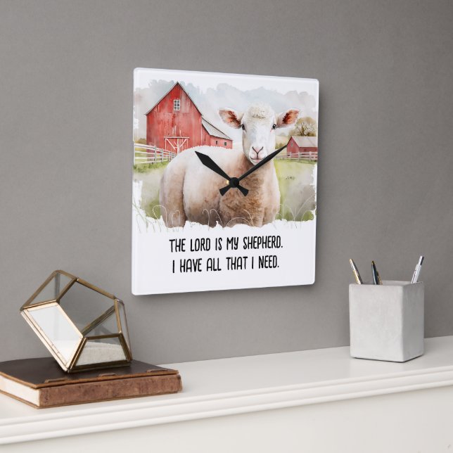Watercolor Sheep With Religious Quote Square Wall Clock (Office)