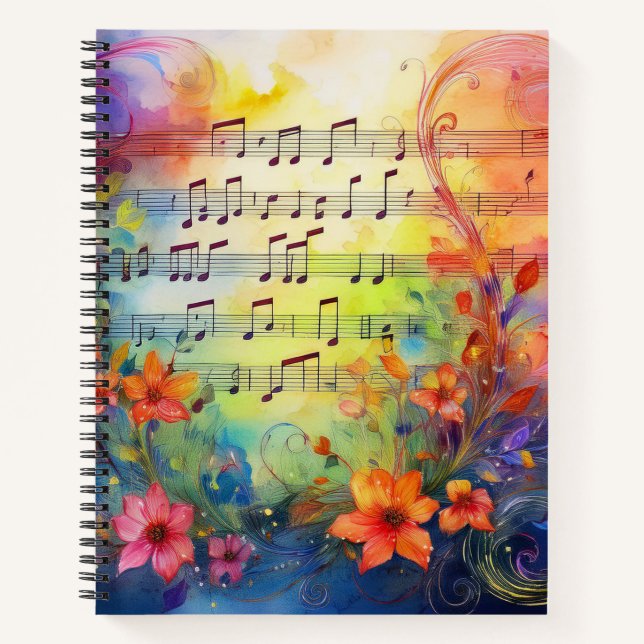 WATERCOLOR SHEET MUSIC WITH COLORFUL FLOWERS NOTEBOOK (Front)