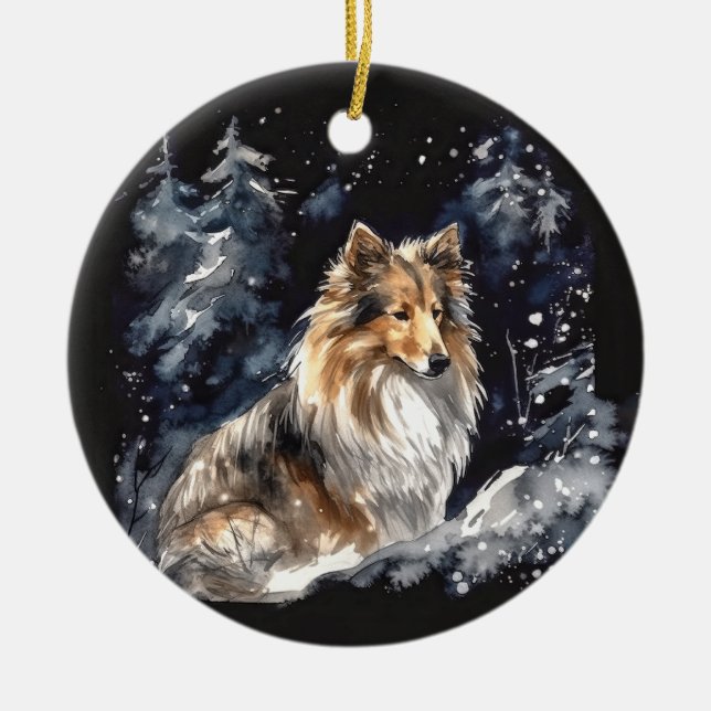 Watercolor Sheltie Christmas Ceramic Tree Decoration (Front)