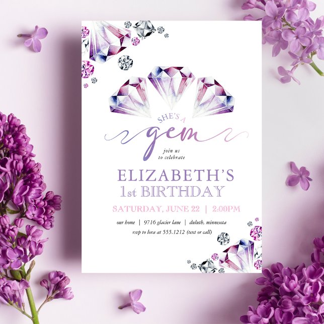Watercolor She's a Gem First Birthday Invitation (Creator Uploaded)
