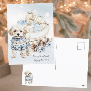 Watercolor Shih Poo Winter Blue Christmas Postcard
