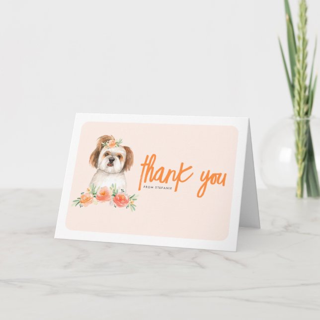 Watercolor Shih Tzu and Peach Flower Dog Birthday Thank You Card (Front)
