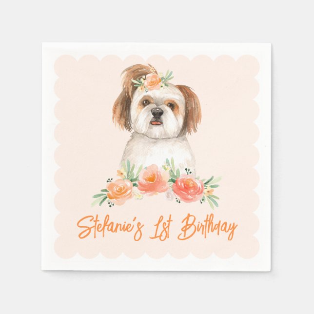 Watercolor Shih Tzu and Peach Flowers Dog Birthday Napkin (Front)