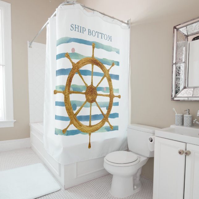 WATERCOLOR SHIPS WHEEL ART BEACH VACATION RENTAL   SHOWER CURTAIN (In Situ)