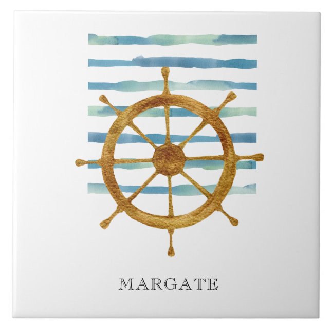 Watercolor SHIPS WHEEL Coastal Beach MARGATE  Tile (Front)