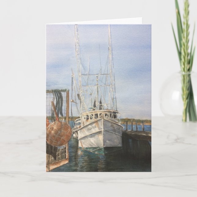 Watercolor Shrimp Boat Coastal Fishing Ocean Thank You Card (Front)
