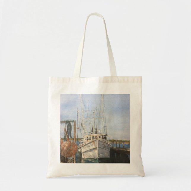Watercolor Shrimp Boat Coastal Fishing Tote Bag (Front)