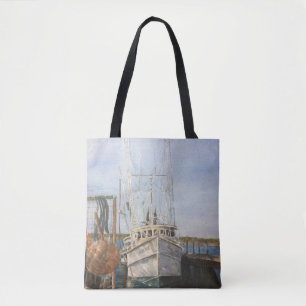 Watercolor Shrimp Boat Coastal Fishing Tote Bag