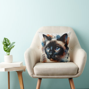 Watercolor Siamese Cat Colorful Portrait Cushion