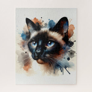 Watercolor Siamese Cat Colourful Portrait Jigsaw Puzzle