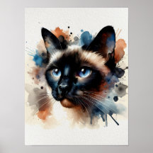Watercolor Siamese Cat Colourful Portrait