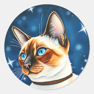 Watercolor Siamese Cat Exploring a Starlit Night Classic Round Sticker