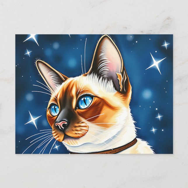 Watercolor Siamese Cat Exploring a Starlit Night  Postcard (Front)