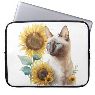 WATERCOLOR SIAMESE CAT WITH PRETTY SUNFLOWERS LAPTOP SLEEVE