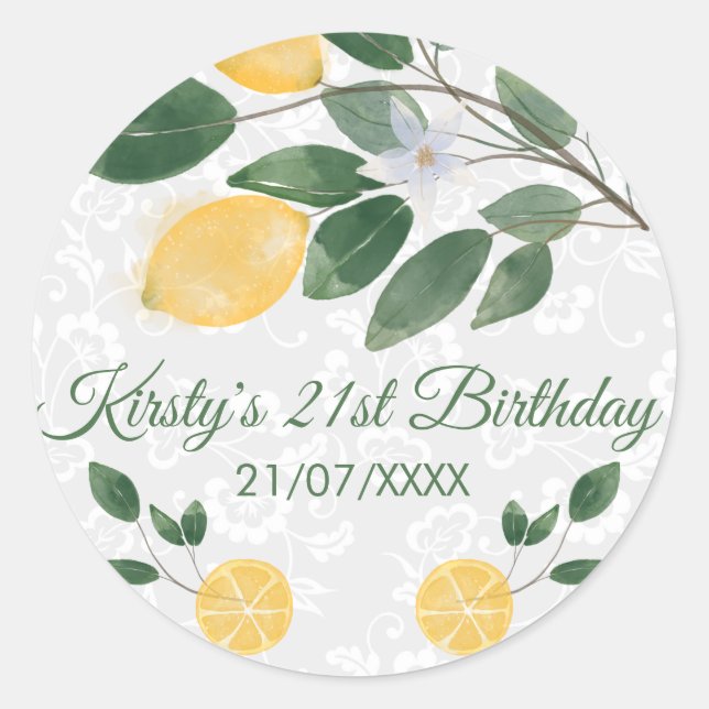 Watercolor Sicilian Lemons Birthday Classic Round Sticker (Front)
