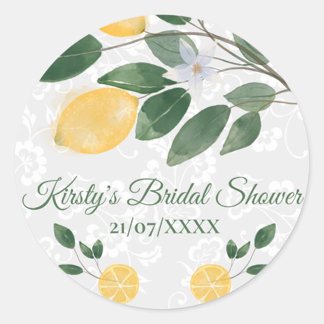 Watercolor Sicilian Lemons Bridal Shower Classic Round Sticker (Front)