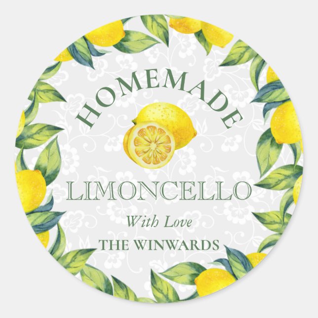 Watercolor Sicilian Lemons Homemade Limoncello Classic Round Sticker (Front)