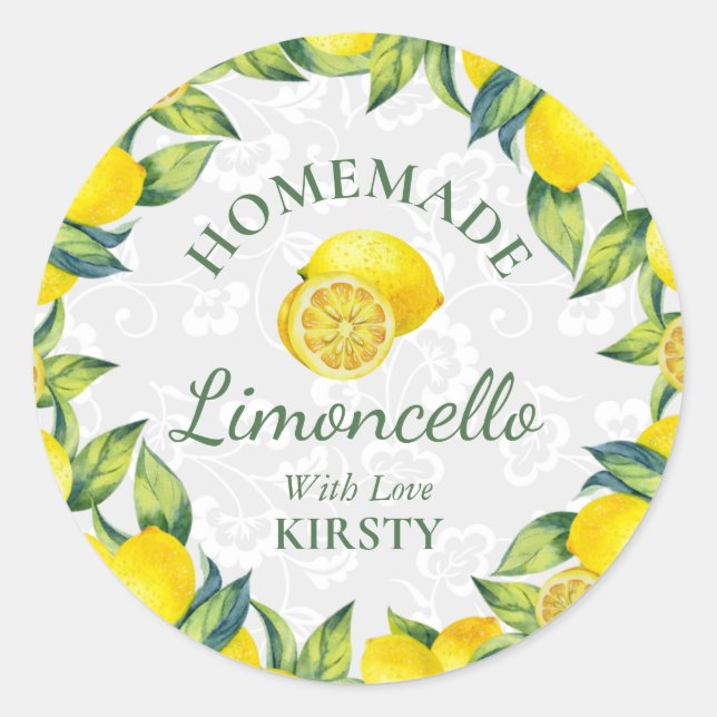 Watercolor Sicilian Lemons Homemade Limoncello Classic Round Sticker (Front)