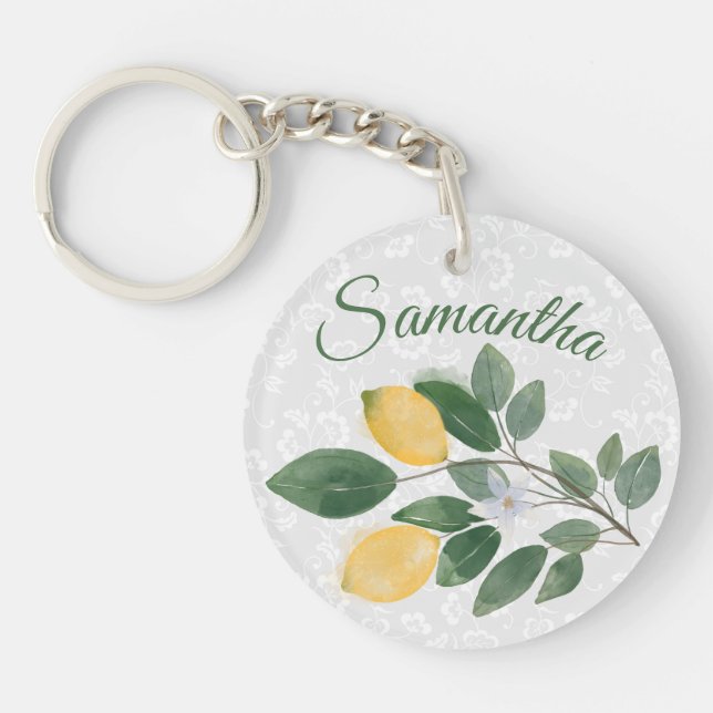 Watercolor Sicilian Lemons Name Key Ring (Front)