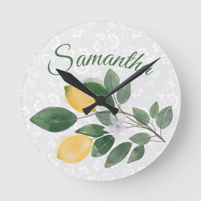 Watercolor Sicilian Lemons Name Round Clock (Front)