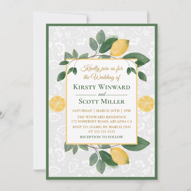 Watercolor Sicilian Lemons Wedding Invitation (Front)