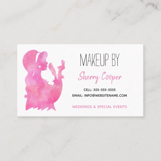 Watercolor Silhouette Pink Makeup Artist Elegant Business Card (Front)