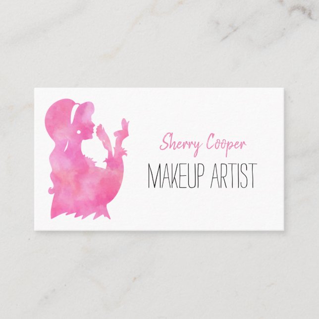 Watercolor Silhouette Pink Makeup Artist Elegant Business Card (Front)