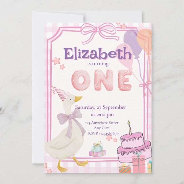 Watercolor Silly Goose First Birthday Invitation (Front)