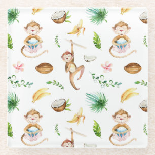 Watercolor Silly Monkeys Glass Coaster