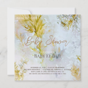 Watercolor Silver and Gold Leaves Baby Shower Invitation